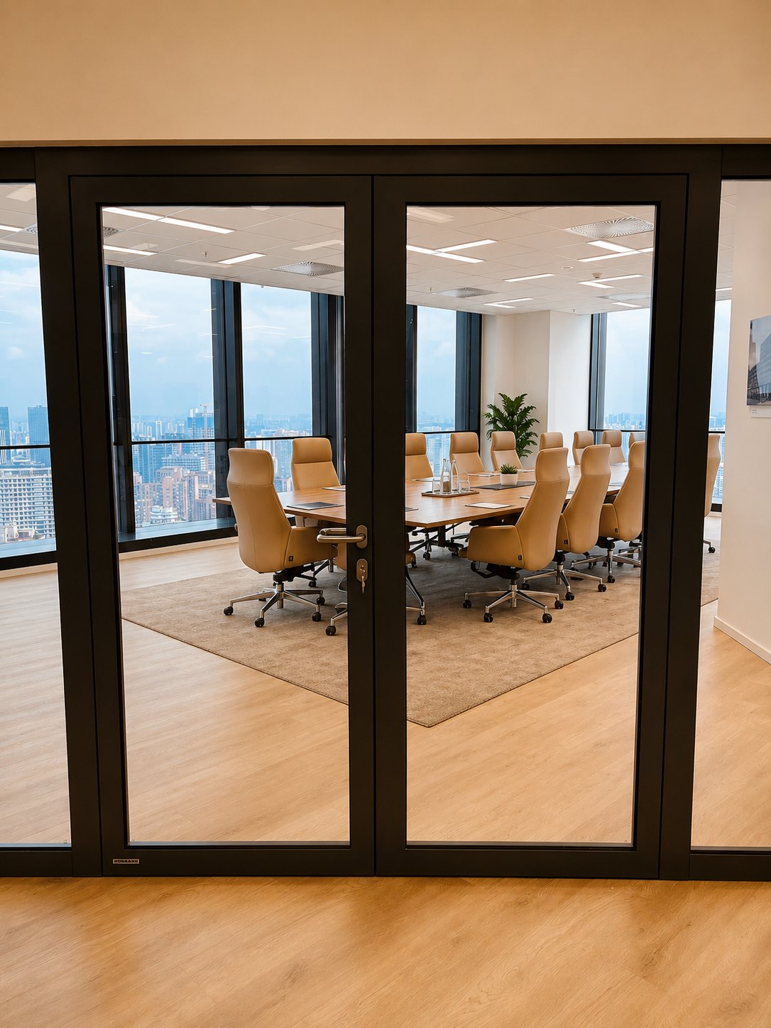 The main meeting room through glazed doors: a long table with leather chairs, a rug, the façade glazing behind
