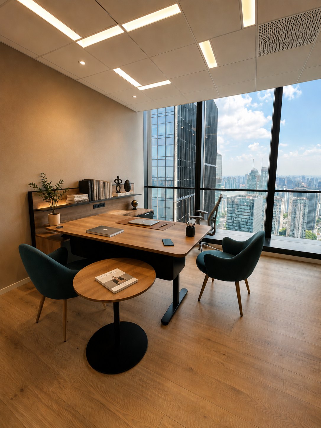 A cellular office with an oak desk and two dark green armchairs in front of the façade glazing