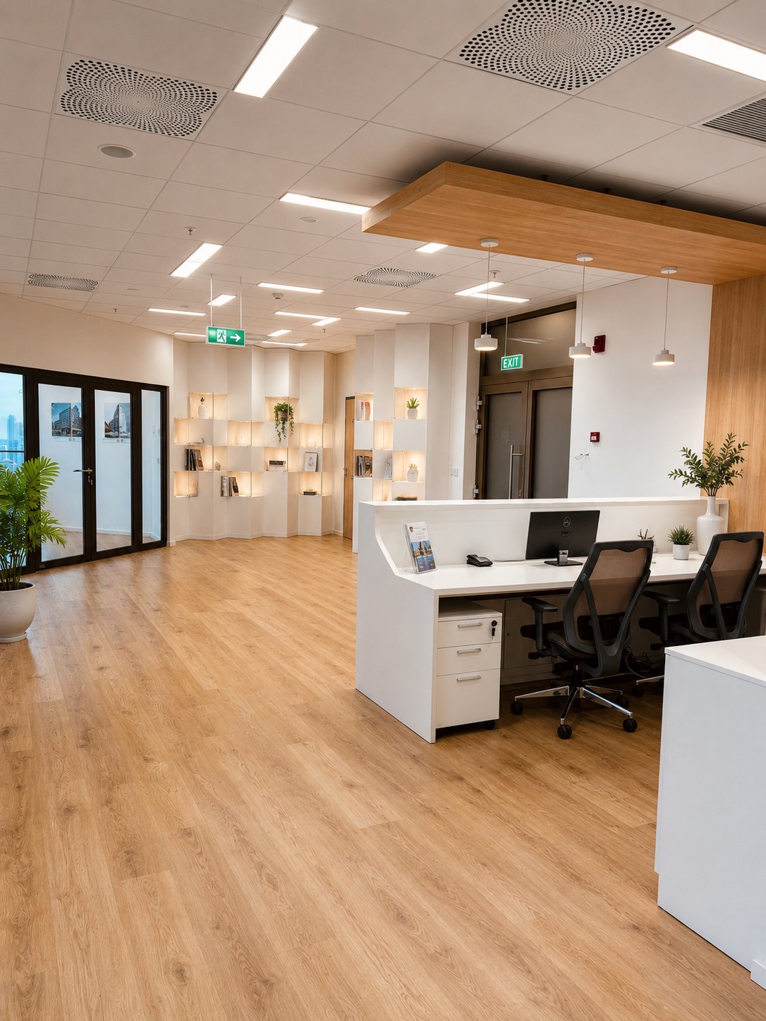 Reception hall with oak floor, the reception desk to the right and a run of lit niches to the left