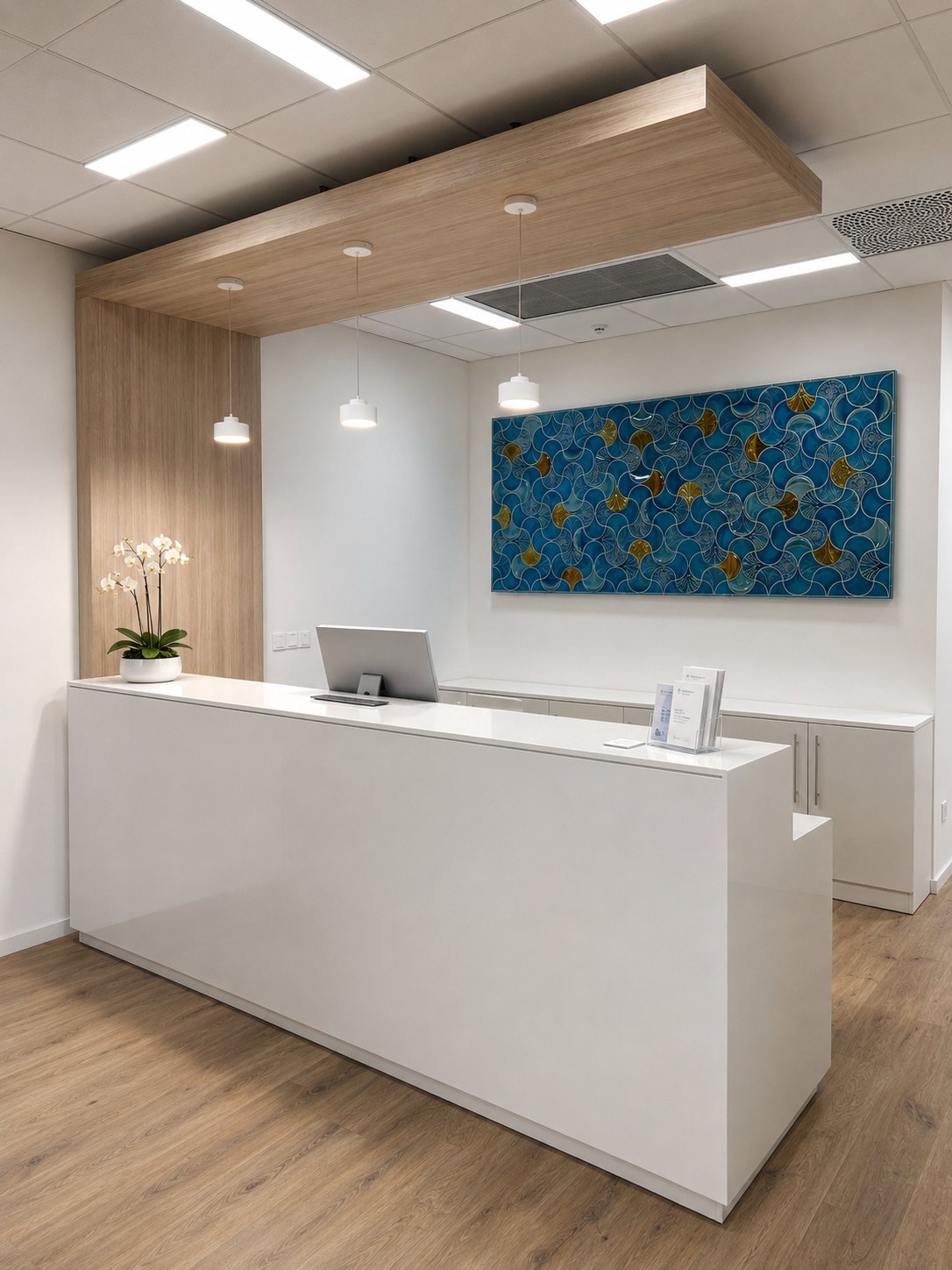 Office reception: white desk, oak-veneered ceiling raft, celadon ceramic panel on the wall