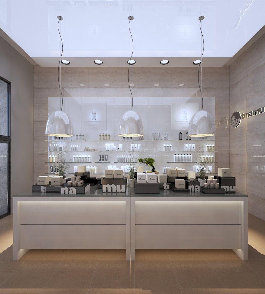 Design render of the shop: the counter and the backlit shelf wall behind it