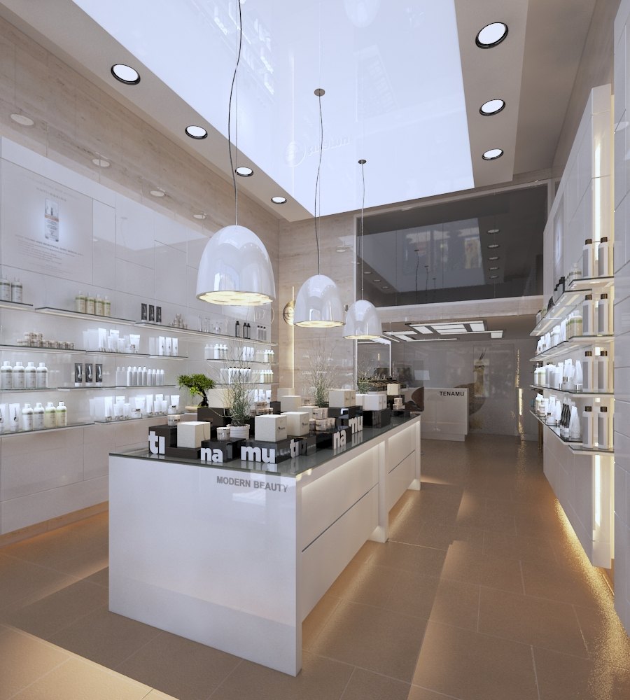 Design render of the shop: white island counter, pendant fittings, the bird graphic at the far end