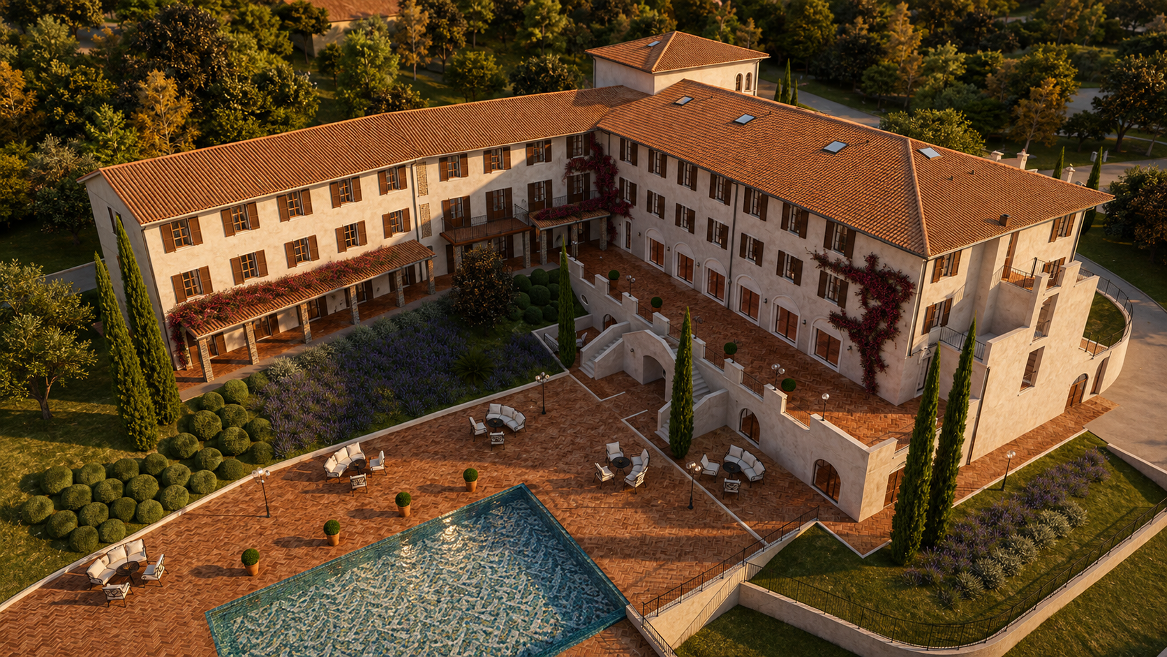 Aerial visualisation of the Volterra hotel at sunset: an L-shaped tiled building, a terracotta-paved court and pool, cypresses and lavender around it