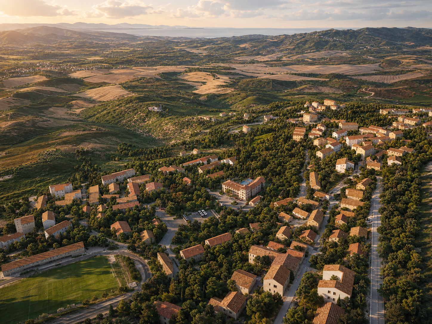 Visualisation of the hills around Volterra at sunset: vineyards, cypresses and the hotel on the hilltop