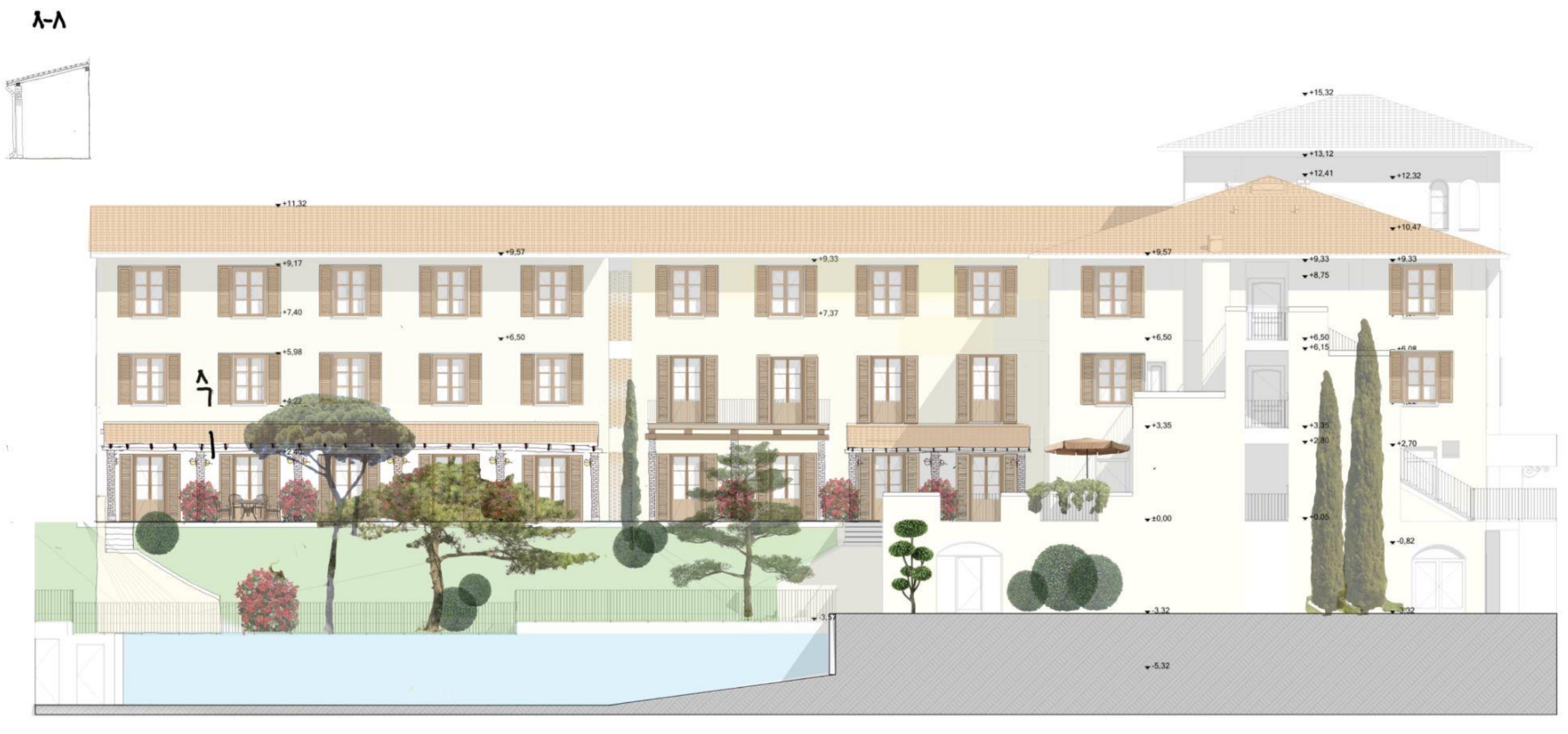 Architectural elevation and section of the hotel with level annotations: the loggia, the courtyard wing and the pool below. Architect: András Toldi, 2024.