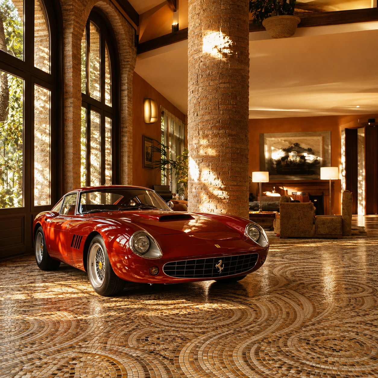 Double-height hall with a mosaic floor, a stone column and a red sixties sports car parked inside