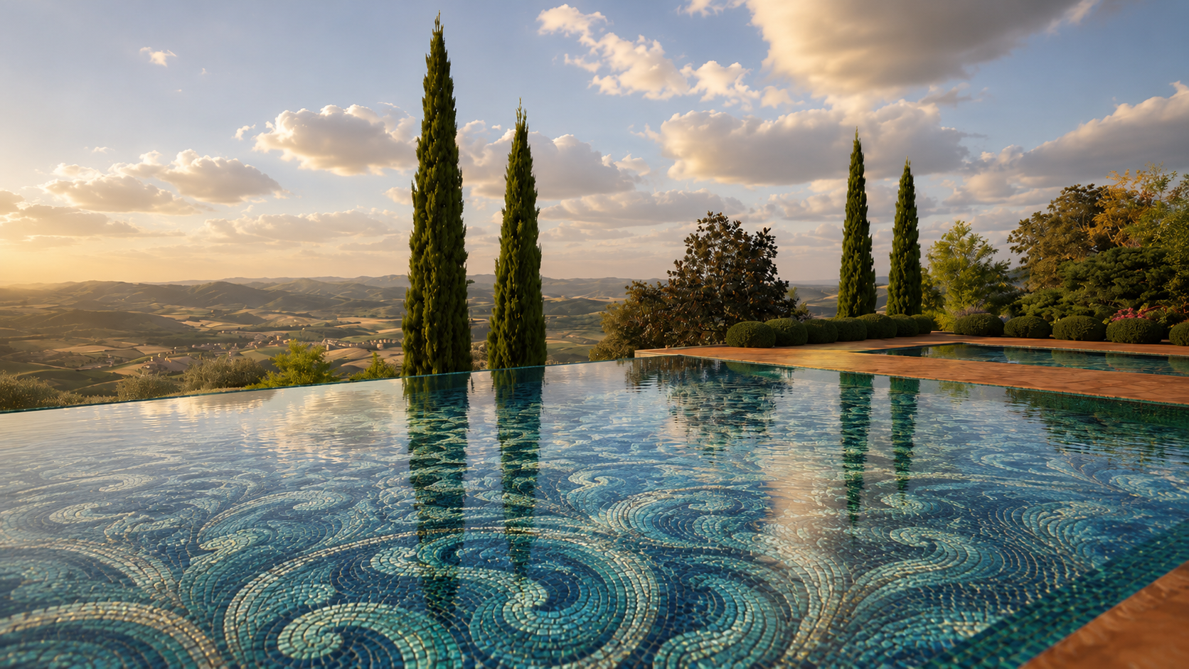 Mosaic-lined infinity pool with a spiral pattern, cypresses and the valley beyond at sunset
