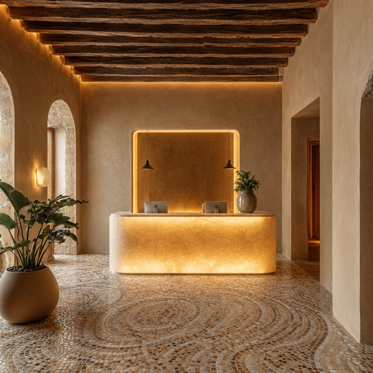 Reception desk in backlit alabaster under exposed timber beams, mosaic floor below