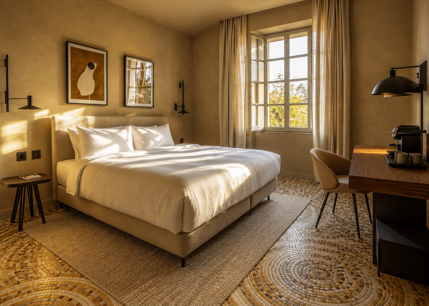 Guest room with a mosaic floor, upholstered bed on the window axis, timber desk and black wall lights