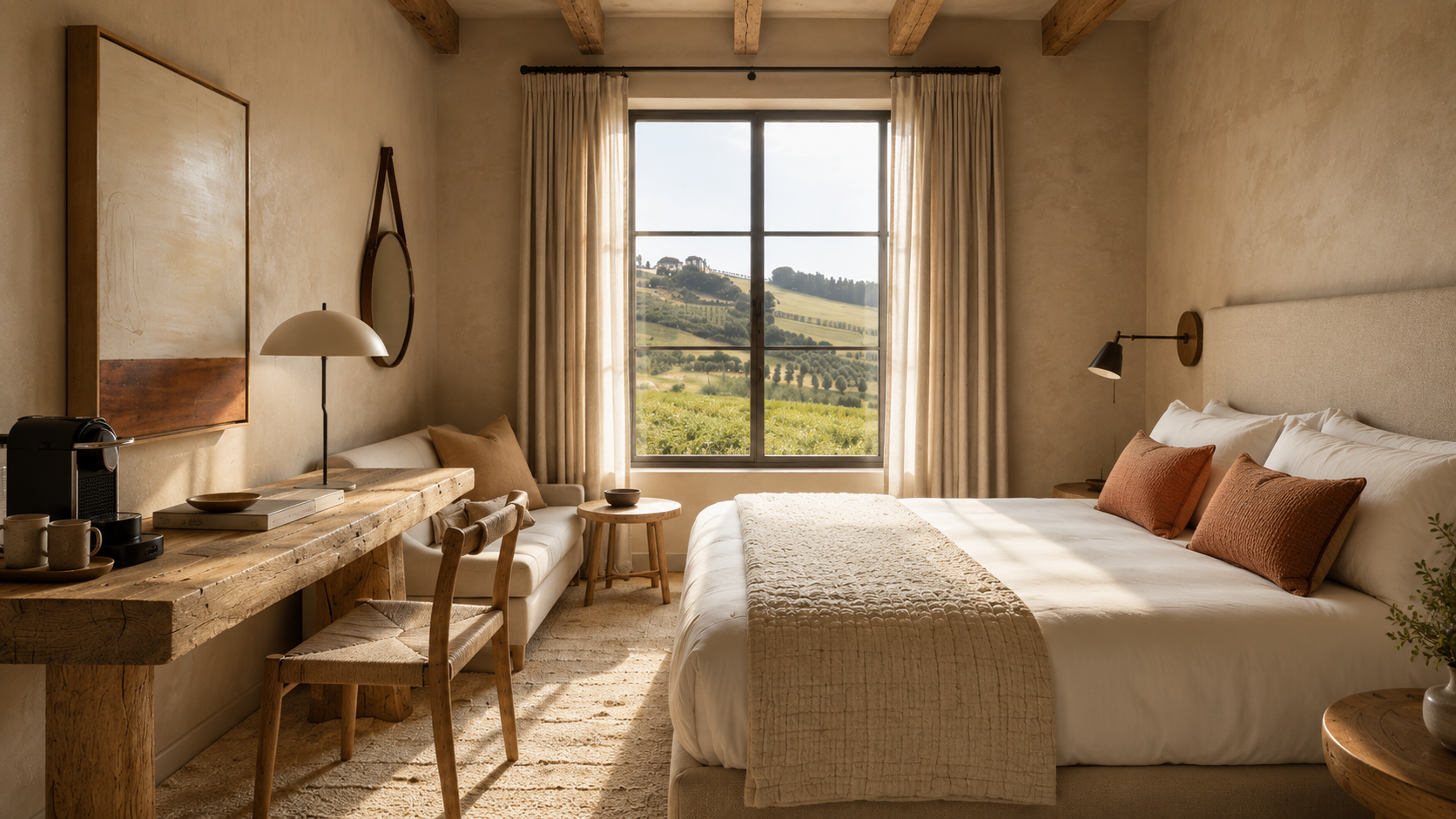 Guest room in lime plaster with a window onto the vineyards, terracotta cushions and a reclaimed timber desk
