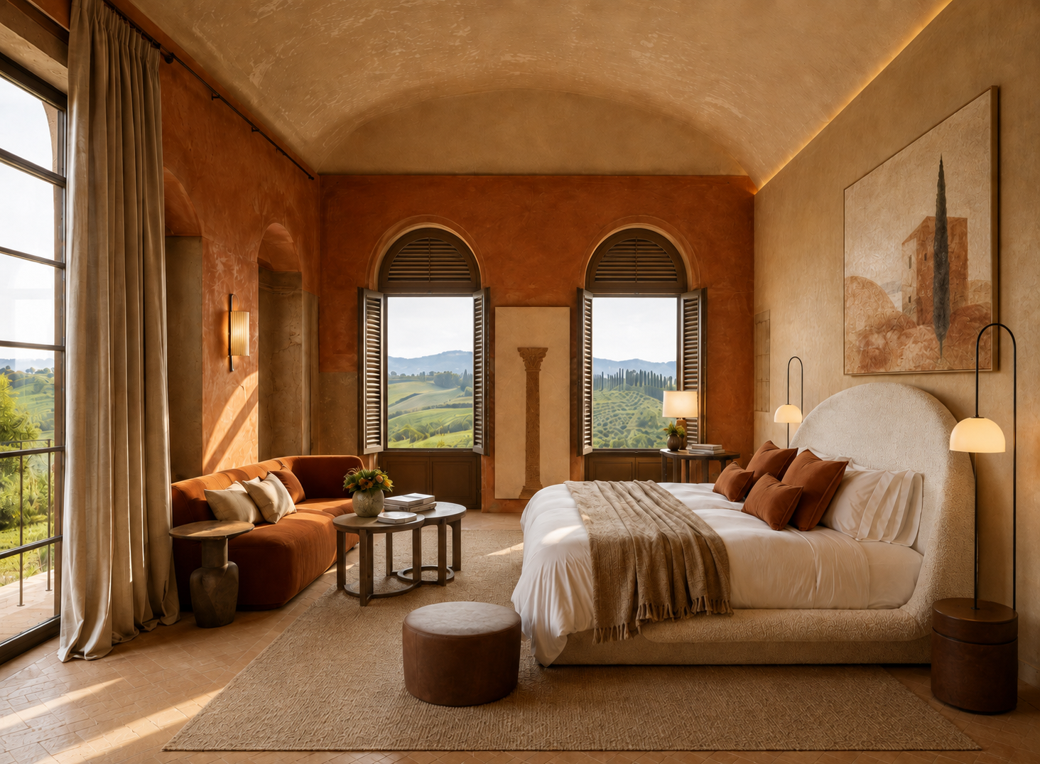 Barrel-vaulted room with terracotta walls, two arched shuttered windows onto the hills and a rust velvet sofa