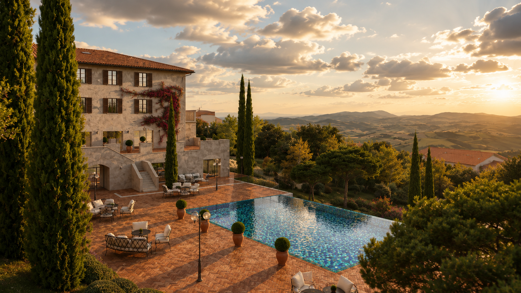 Terracotta terrace with cypresses, iron furniture and a rectangular pool above the Tuscan valley at sunset